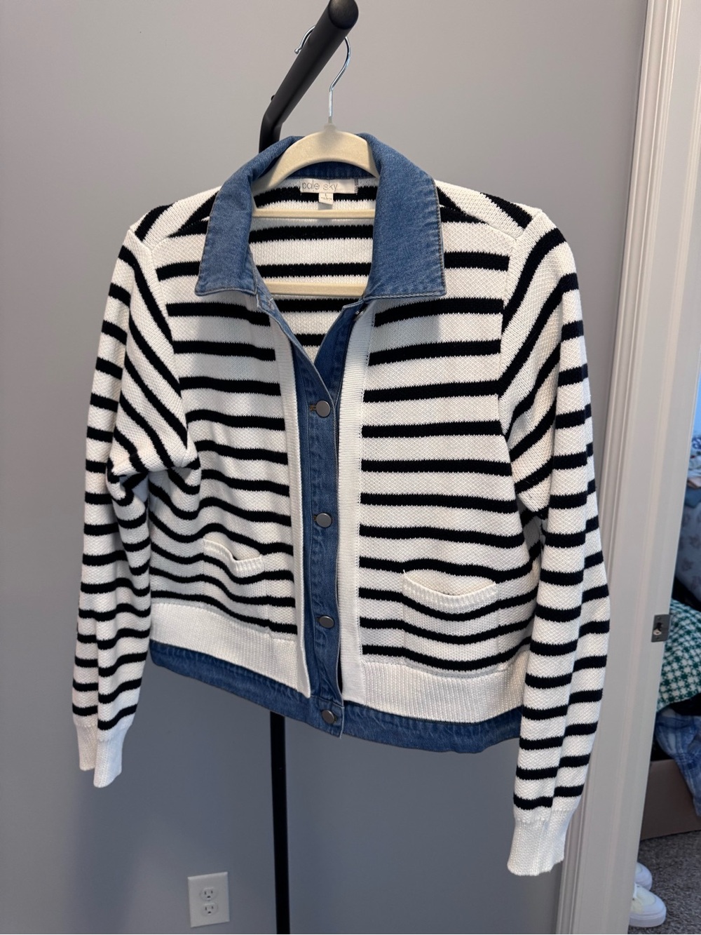 Striped Knit Jean-Trim Jacket - White/Black